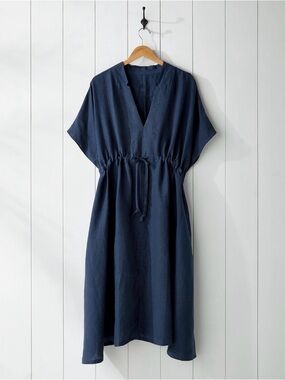 Serena & Lily Navy Blue Linen Drawstring Midi Dress
